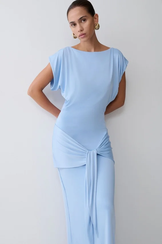 Maiara Shortsleeve Slinky Tie Maxi Dress – Sea Blue Maiara Shortsleeve Slinky Tie Maxi Dress – Sea Blue