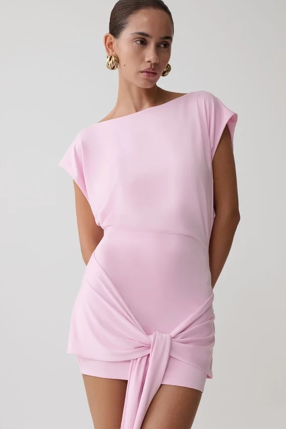 Maiara Shortsleeve Slinky Tie Mini Dress – Pink Maiara Shortsleeve Slinky Tie Mini Dress – Pink