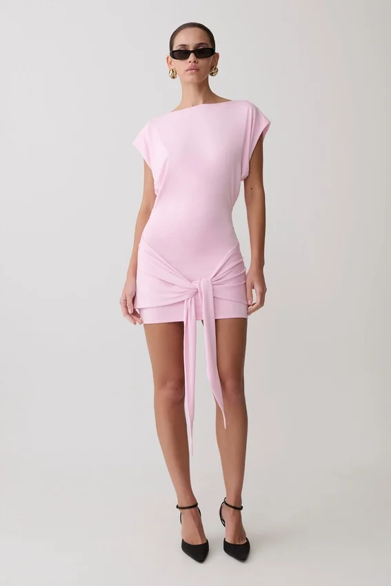 Maiara Shortsleeve Slinky Tie Mini Dress – Pink Maiara Shortsleeve Slinky Tie Mini Dress – Pink