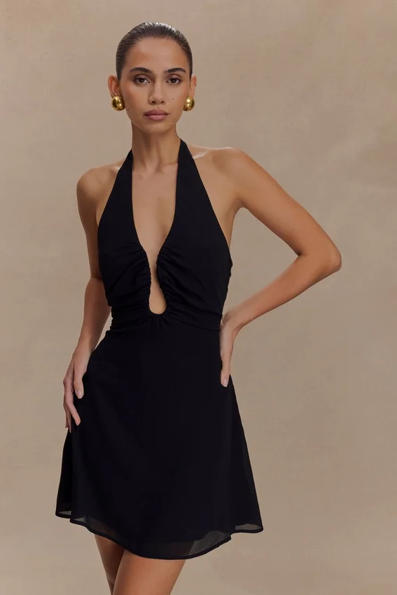 Malakhai Chiffon Halter Mini Dress – Black Malakhai Chiffon Halter Mini Dress – Black