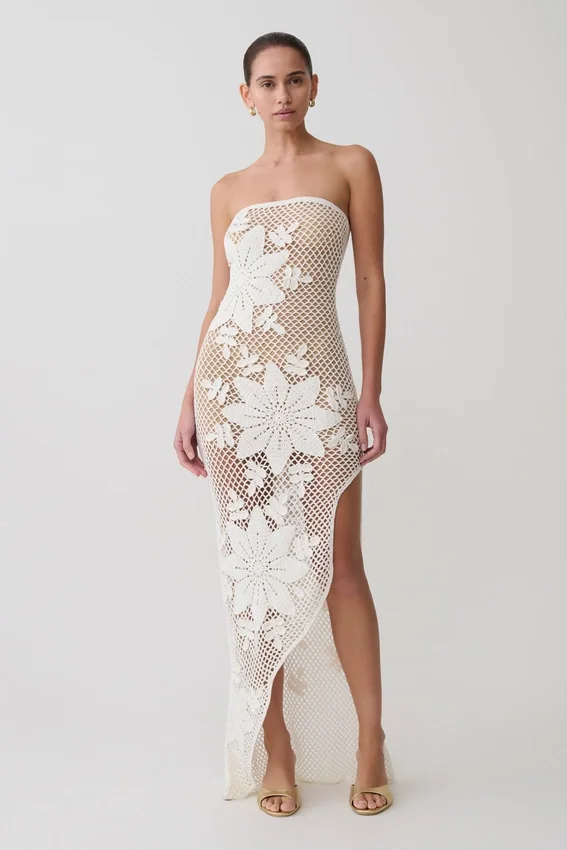 Mandie Hand Crochet Asymmetrical Maxi Dress – White Mandie Hand Crochet Asymmetrical Maxi Dress – White