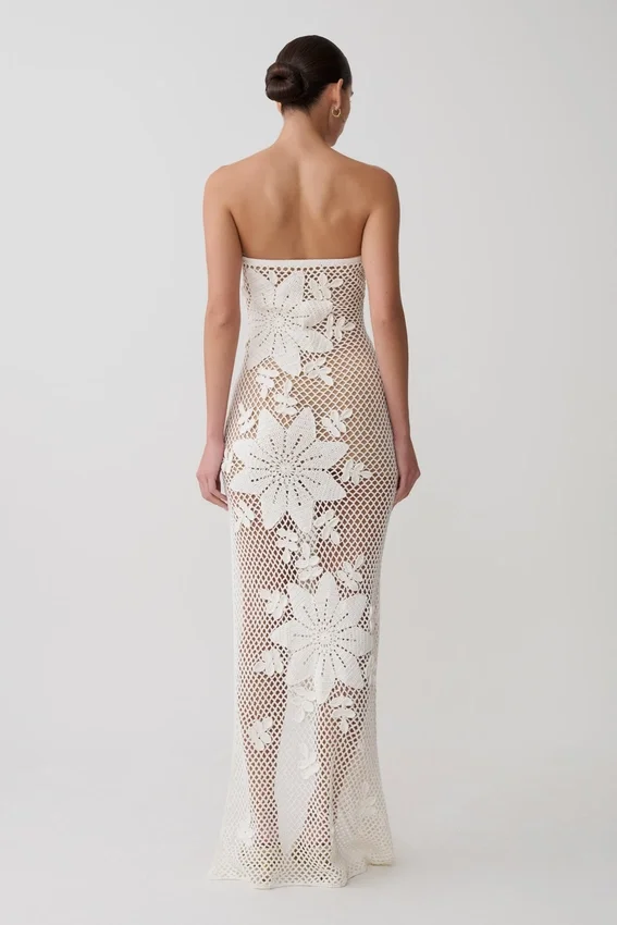 Mandie Hand Crochet Asymmetrical Maxi Dress – White Mandie Hand Crochet Asymmetrical Maxi Dress – White