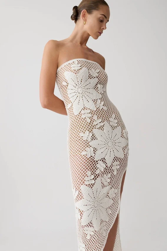 Mandie Hand Crochet Asymmetrical Maxi Dress – White Mandie Hand Crochet Asymmetrical Maxi Dress – White