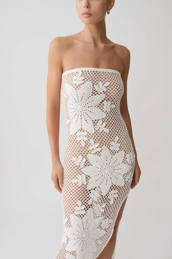 Mandie Hand Crochet Asymmetrical Maxi Dress – White Mandie Hand Crochet Asymmetrical Maxi Dress – White