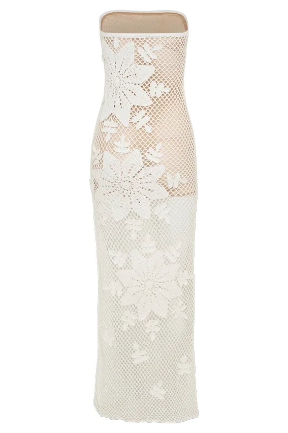 Mandie Hand Crochet Asymmetrical Maxi Dress – White Mandie Hand Crochet Asymmetrical Maxi Dress – White