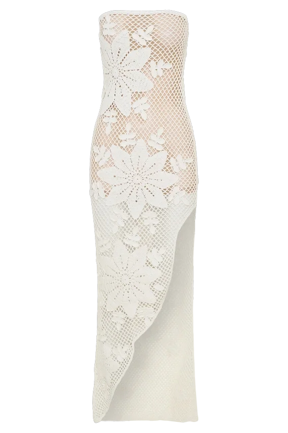 Mandie Hand Crochet Asymmetrical Maxi Dress – White Mandie Hand Crochet Asymmetrical Maxi Dress – White