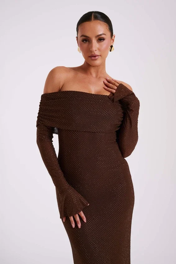 Marcel Off Shoulder Diamante Maxi Dress – Chocolate Marcel Off Shoulder Diamante Maxi Dress – Chocolate
