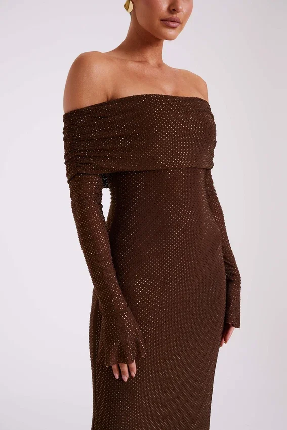 Marcel Off Shoulder Diamante Maxi Dress – Chocolate Marcel Off Shoulder Diamante Maxi Dress – Chocolate