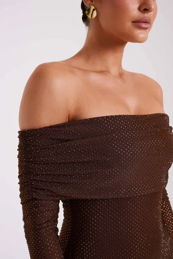Marcel Off Shoulder Diamante Maxi Dress – Chocolate Marcel Off Shoulder Diamante Maxi Dress – Chocolate