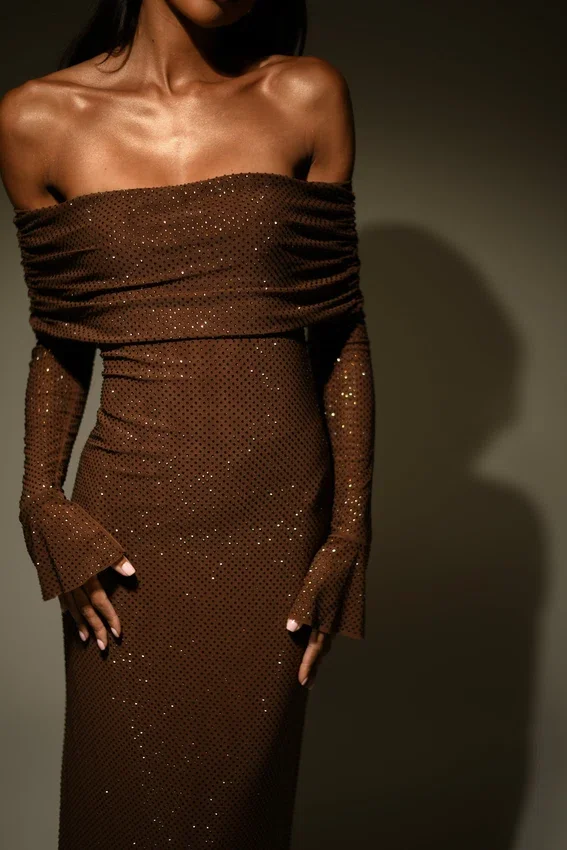 Marcel Off Shoulder Diamante Maxi Dress – Chocolate Marcel Off Shoulder Diamante Maxi Dress – Chocolate