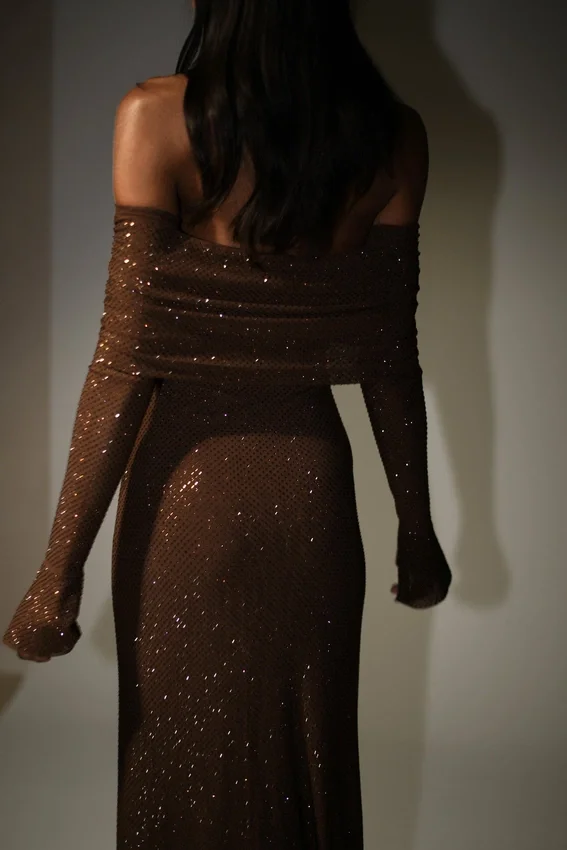Marcel Off Shoulder Diamante Maxi Dress – Chocolate Marcel Off Shoulder Diamante Maxi Dress – Chocolate