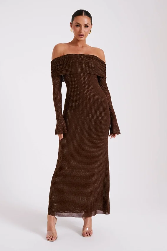 Marcel Off Shoulder Diamante Maxi Dress – Chocolate Marcel Off Shoulder Diamante Maxi Dress – Chocolate