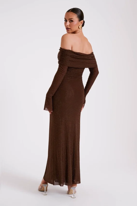 Marcel Off Shoulder Diamante Maxi Dress – Chocolate Marcel Off Shoulder Diamante Maxi Dress – Chocolate