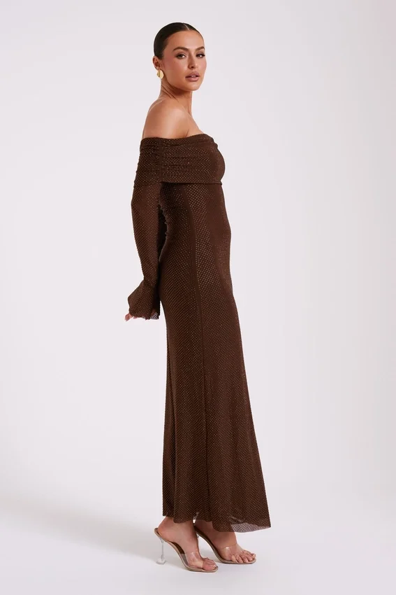 Marcel Off Shoulder Diamante Maxi Dress – Chocolate Marcel Off Shoulder Diamante Maxi Dress – Chocolate