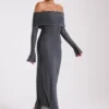 Marcel Off Shoulder Diamante Maxi Dress – Gunmetal