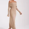 Marcel Off Shoulder Diamante Maxi Dress – Nude