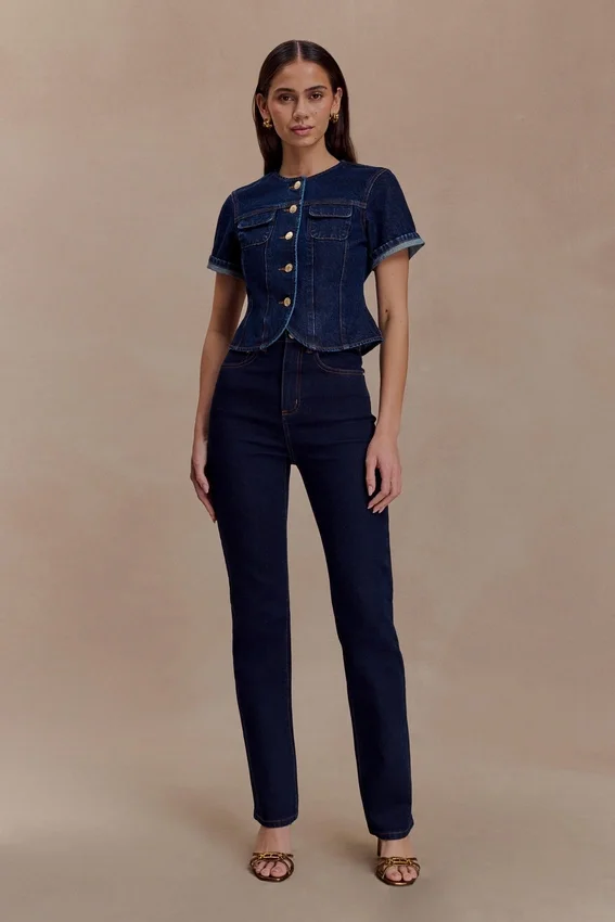 Marge Fitted Denim Short Sleeve Top – Indigo Blue Marge Fitted Denim Short Sleeve Top – Indigo Blue