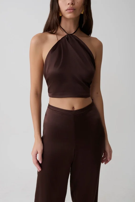 Mariana Halter Silk Blend Sleeveless Top – Dark Chocolate Mariana Halter Silk Blend Sleeveless Top – Dark Chocolate