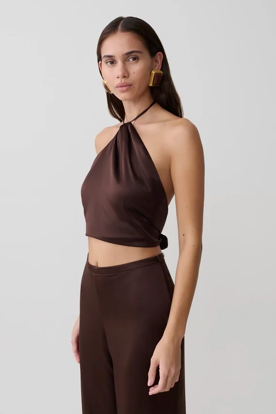 Mariana Halter Silk Blend Sleeveless Top – Dark Chocolate Mariana Halter Silk Blend Sleeveless Top – Dark Chocolate