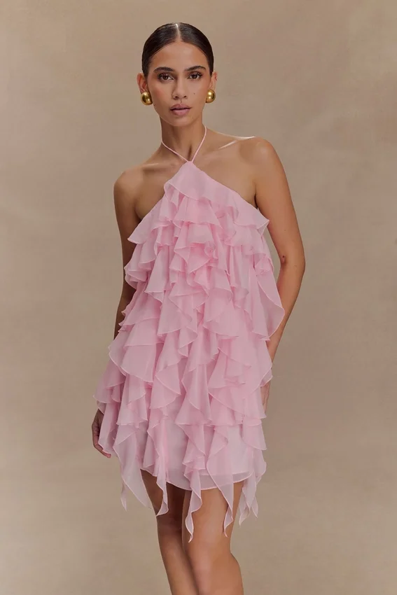 Marigold Ruffle Halter Mini Dress – Powder Pink Marigold Ruffle Halter Mini Dress – Powder Pink