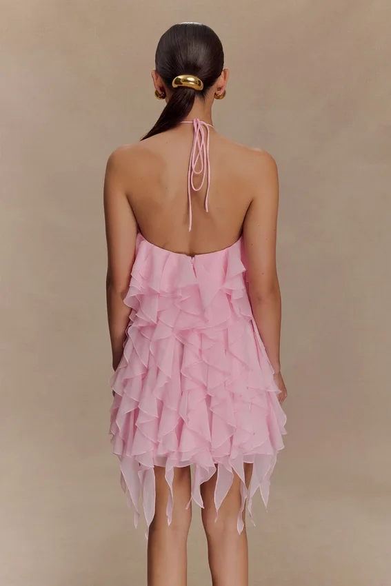 Marigold Ruffle Halter Mini Dress – Powder Pink Marigold Ruffle Halter Mini Dress – Powder Pink