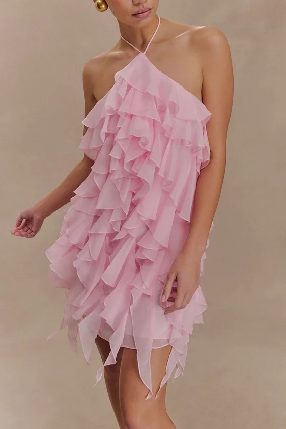 Marigold Ruffle Halter Mini Dress – Powder Pink Marigold Ruffle Halter Mini Dress – Powder Pink