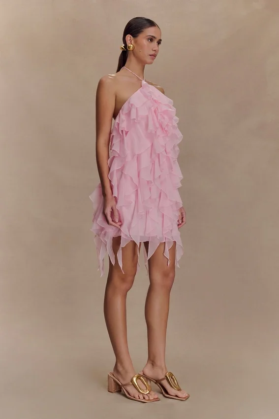 Marigold Ruffle Halter Mini Dress – Powder Pink Marigold Ruffle Halter Mini Dress – Powder Pink