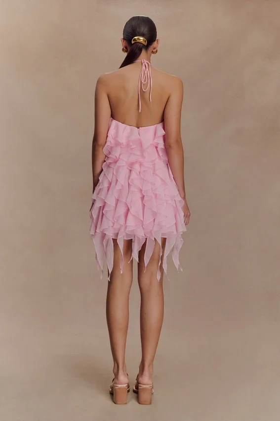 Marigold Ruffle Halter Mini Dress – Powder Pink Marigold Ruffle Halter Mini Dress – Powder Pink