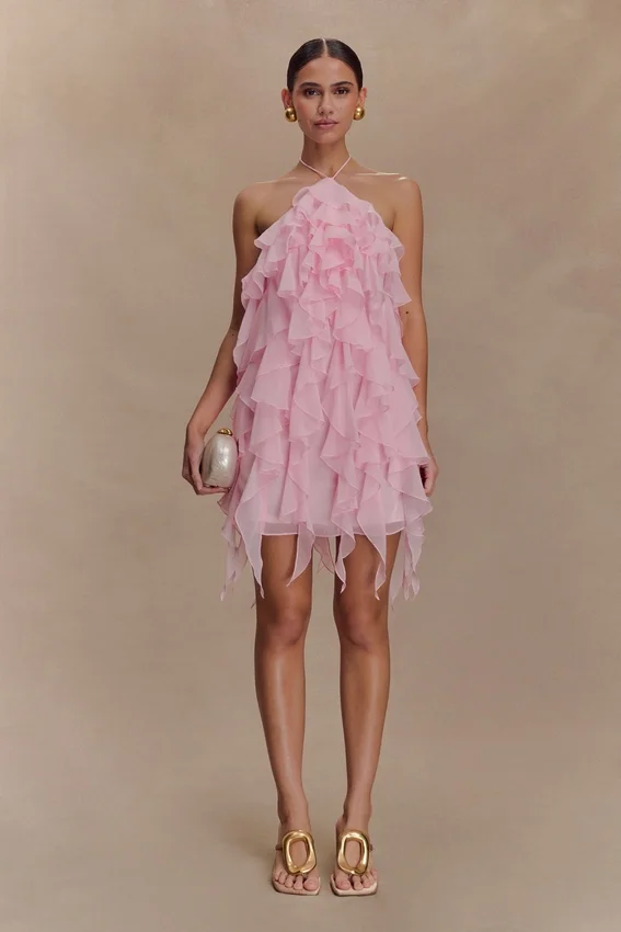 Marigold Ruffle Halter Mini Dress – Powder Pink Marigold Ruffle Halter Mini Dress – Powder Pink