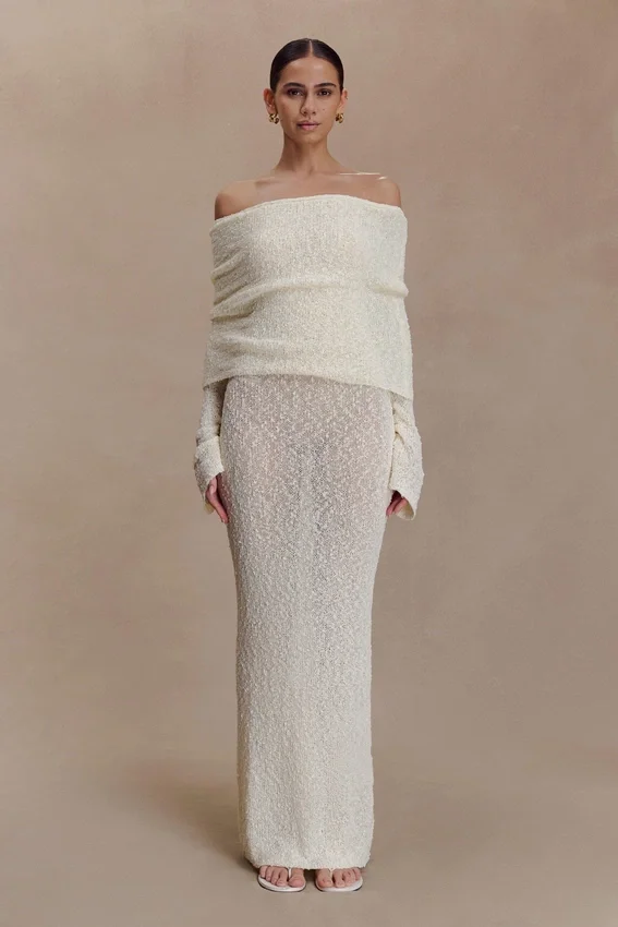 Marisol Off Shoulder Boucle Maxi Dress – Ivory Marisol Off Shoulder Boucle Maxi Dress – Ivory