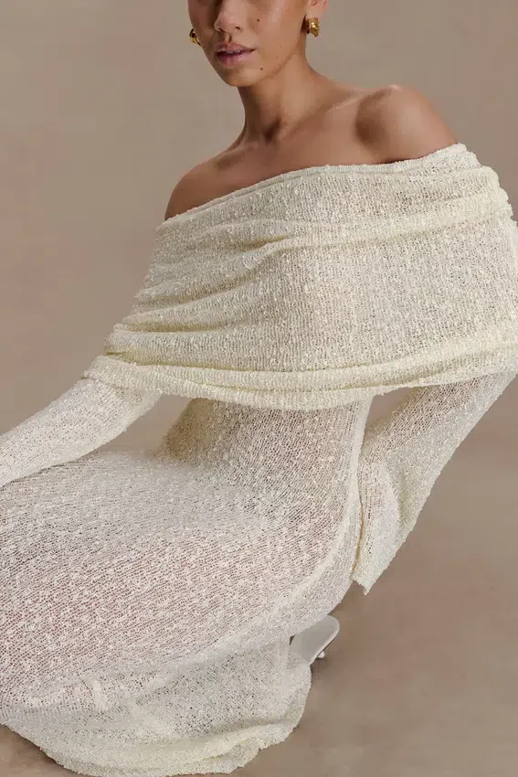Marisol Off Shoulder Boucle Maxi Dress – Ivory Marisol Off Shoulder Boucle Maxi Dress – Ivory