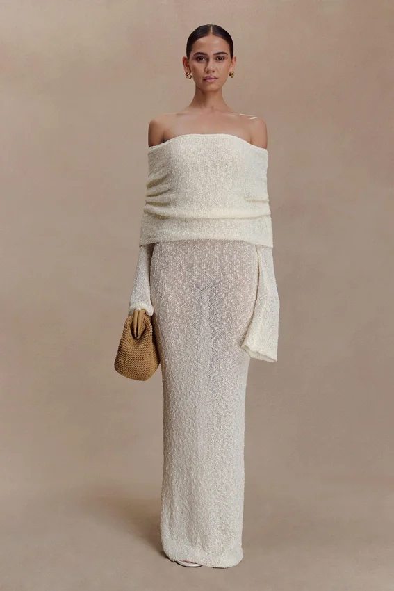 Marisol Off Shoulder Boucle Maxi Dress – Ivory Marisol Off Shoulder Boucle Maxi Dress – Ivory
