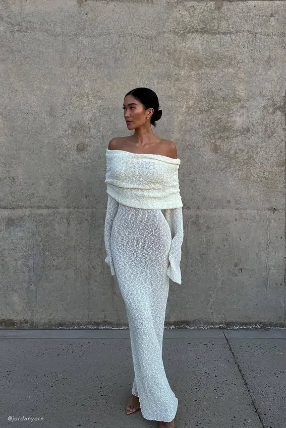 Marisol Off Shoulder Boucle Maxi Dress – Ivory Marisol Off Shoulder Boucle Maxi Dress – Ivory