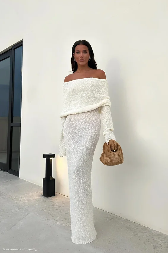 Marisol Off Shoulder Boucle Maxi Dress – Ivory Marisol Off Shoulder Boucle Maxi Dress – Ivory