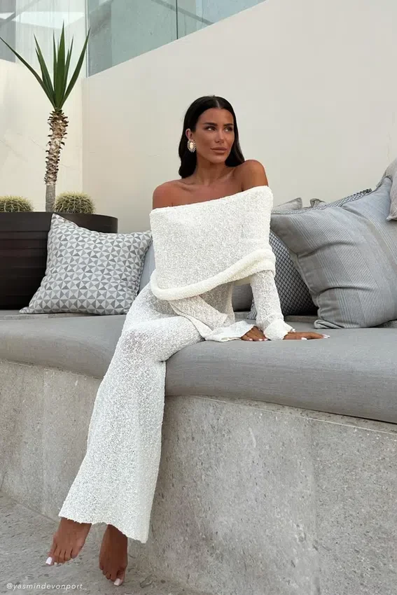 Marisol Off Shoulder Boucle Maxi Dress – Ivory Marisol Off Shoulder Boucle Maxi Dress – Ivory