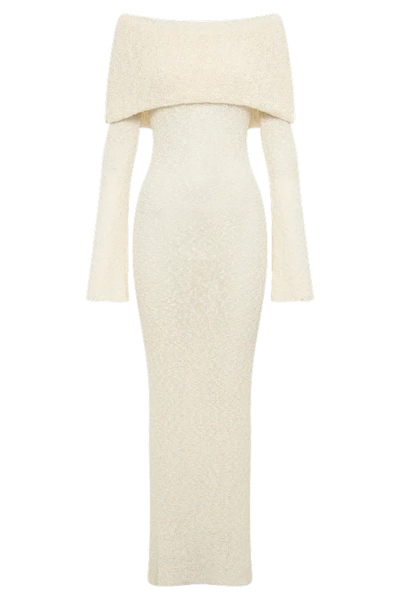 Marisol Off Shoulder Boucle Maxi Dress – Ivory Marisol Off Shoulder Boucle Maxi Dress – Ivory