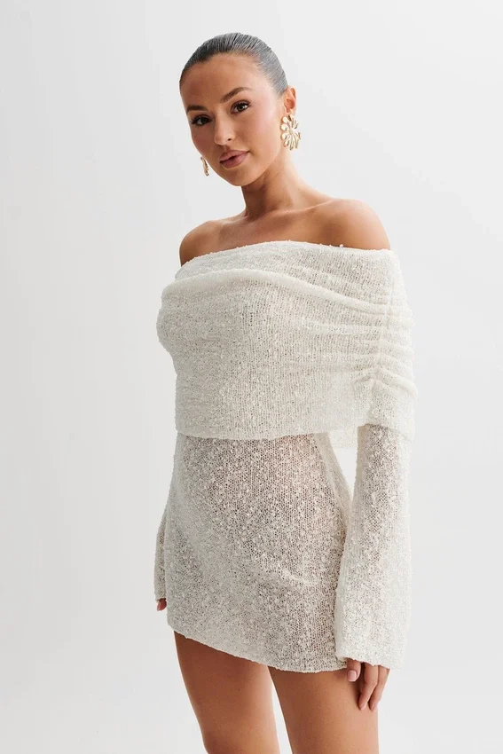 Marisol Off Shoulder Boucle Mini Dress – Ivory Marisol Off Shoulder Boucle Mini Dress – Ivory