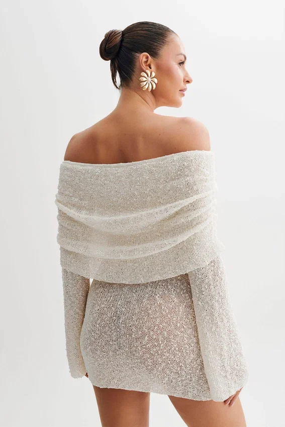 Marisol Off Shoulder Boucle Mini Dress – Ivory Marisol Off Shoulder Boucle Mini Dress – Ivory