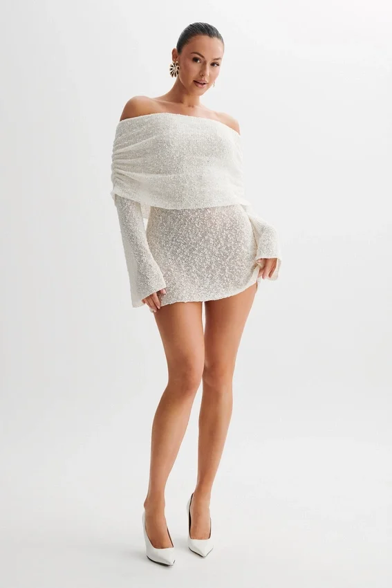 Marisol Off Shoulder Boucle Mini Dress – Ivory Marisol Off Shoulder Boucle Mini Dress – Ivory