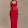 Marlon Crepe And Mesh Maxi Dress – Cherry Red