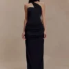 Mattea Slinky And Mesh Maxi Dress With Scarf – Black