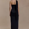 Mattea Slinky And Mesh Maxi Dress With Scarf – Black