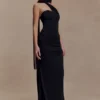 Mattea Slinky And Mesh Maxi Dress With Scarf – Black