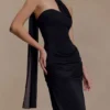 Mattea Slinky And Mesh Maxi Dress With Scarf – Black