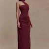 Mattea Slinky And Mesh Maxi Dress With Scarf – Burgundy