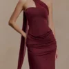 Mattea Slinky And Mesh Maxi Dress With Scarf – Burgundy