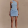 Mattea Slinky And Mesh Mini Dress With Scarf – Powder Blue
