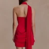 Mattea Slinky And Mesh Mini Dress With Scarf – Red