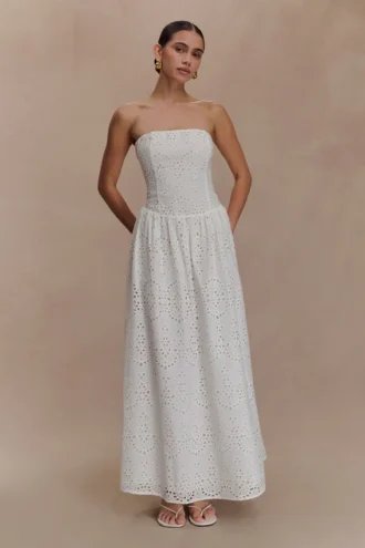 Maureen Broderie Strapless Maxi Dress – White