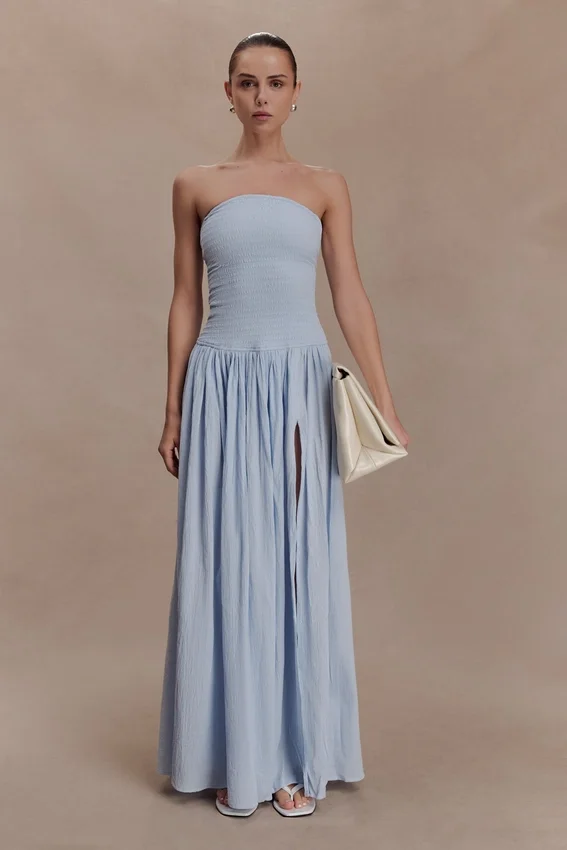 Maureen Cotton Shirring Maxi Dress – Powder Blue Maureen Cotton Shirring Maxi Dress – Powder Blue